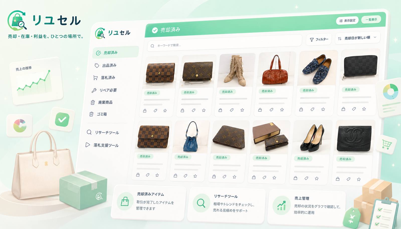 リユセルの画面イメージ。売却済み・出品済み・落札済みなど、状態ごとに商品を管理できる一覧画面。